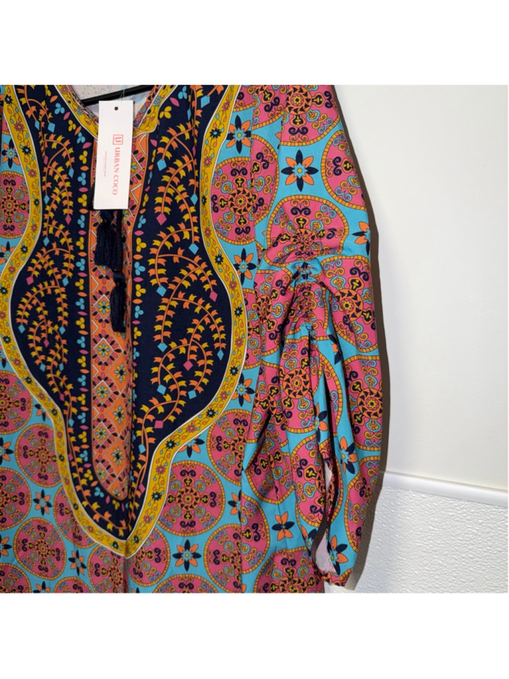 Women's Bohemian Neck Tie Urban Coco Mini Dress L Blue Pink Boho Print New NWT - Picture 11 of 14